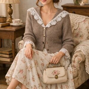 NWOT Granny Core Lace Collar Knit Cardigan Taupe Size M Cottagecore Cozy